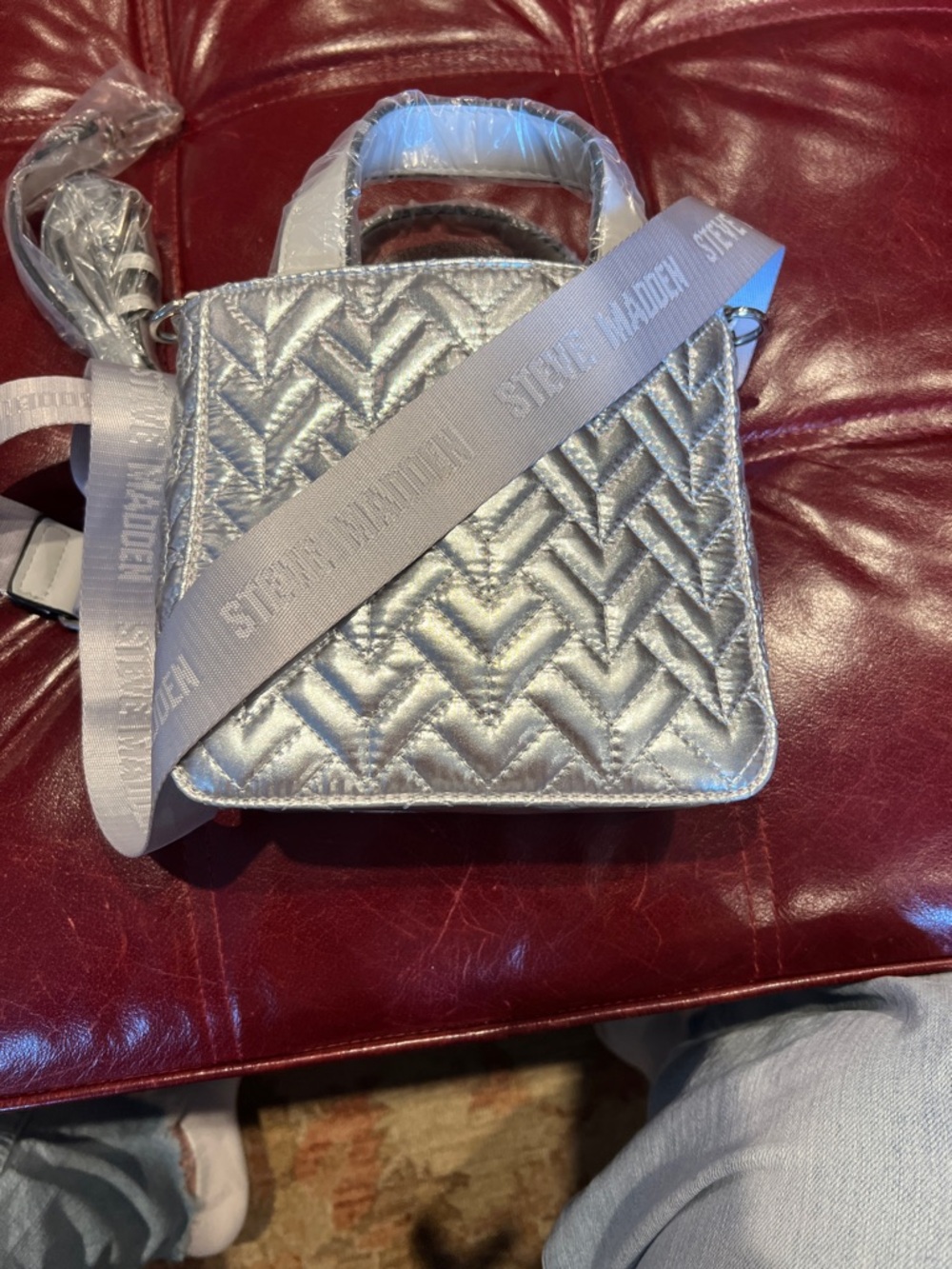 Steve Madden Metallic Silver Quilted Mini Tote with Logo Strap - Picture 2 of 7